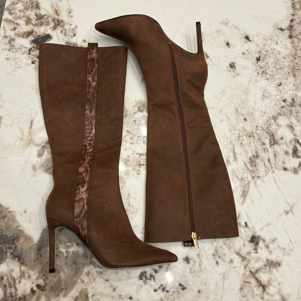 NY Collection Brown Suede Pointed Toe Knee High Stiletto Boots Zip 8.5 - Picture 3 of 14